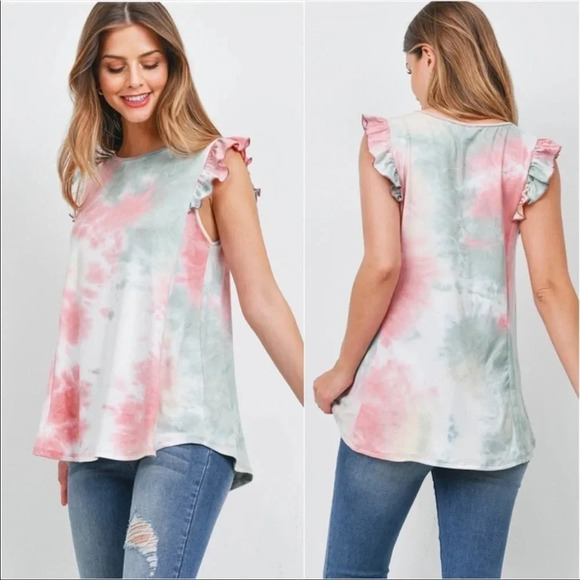 Buttery Soft Tie Dye Top | Mauve Sage Ruffle Sleeve Boho Blouse - Picture 4 of 5